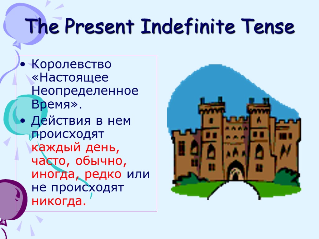 The Present Indefinite Tense Королевство «Настоящее Неопределенное Время». Действия в нем происходят каждый день,